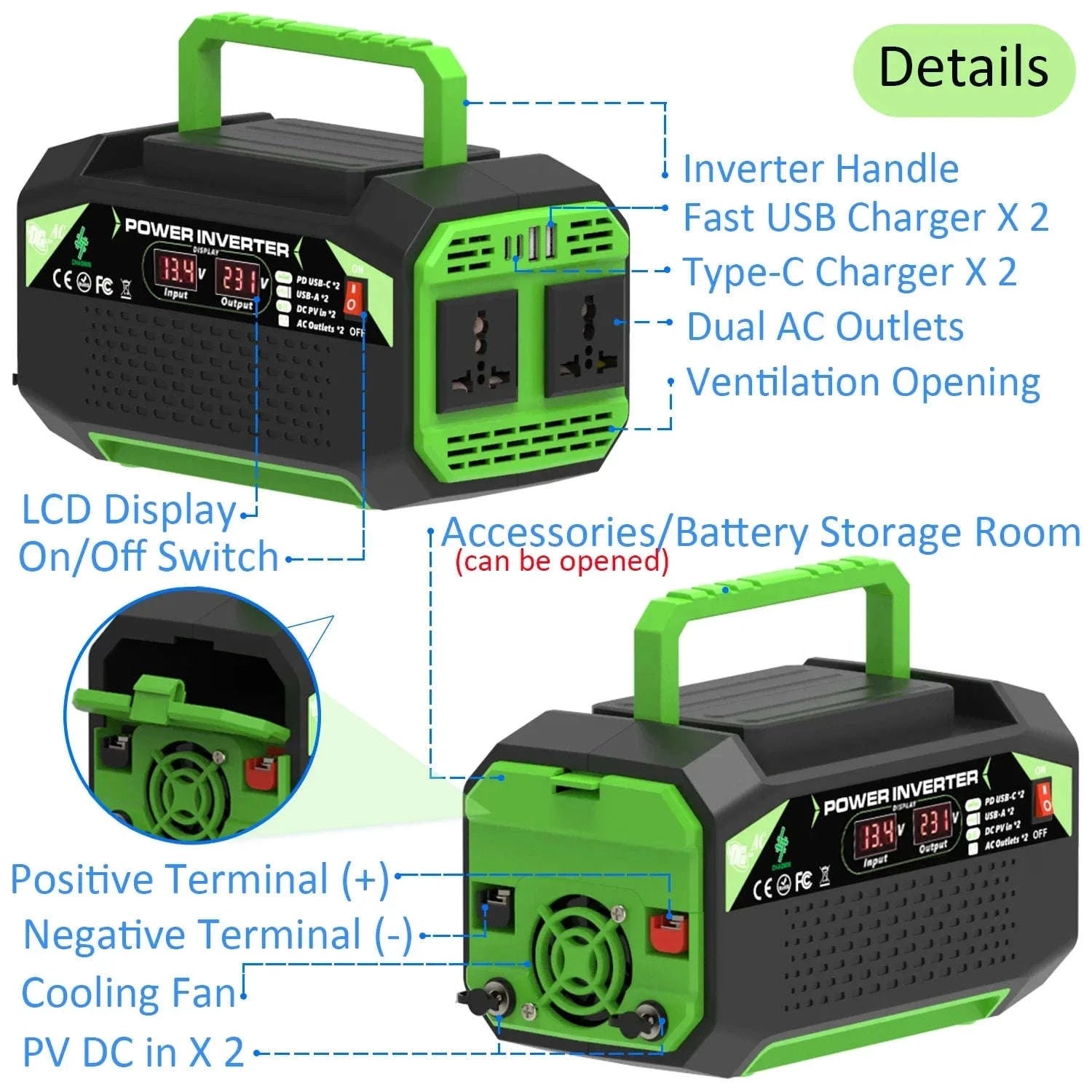 500W Power Inverter 12V DC to AC 220V/110V with USB and Type-C-300W / Poland
