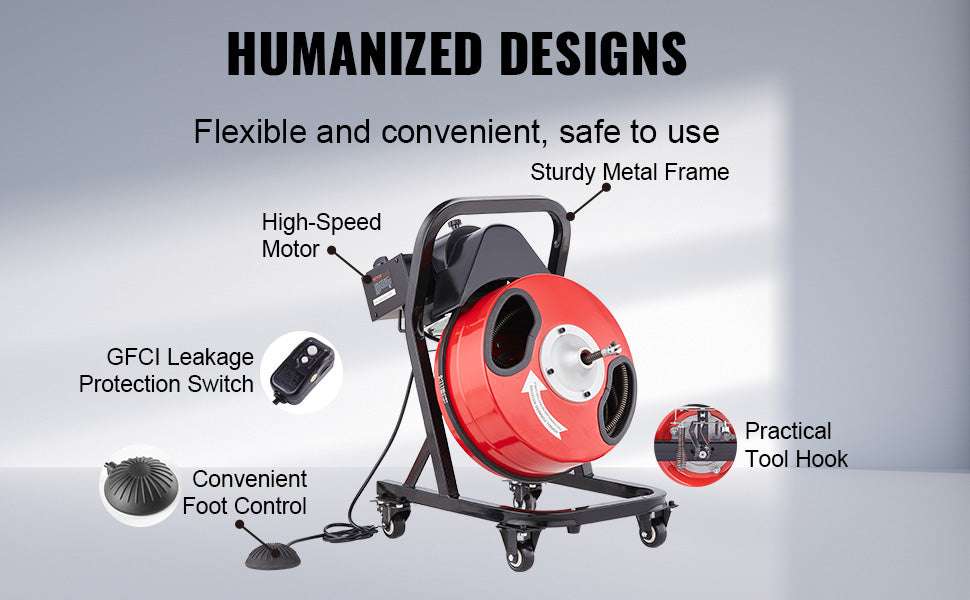 50FT Sewer Snake Drain Cleaner Machine with 4 Cutters & Foot Switch-D1000 / france