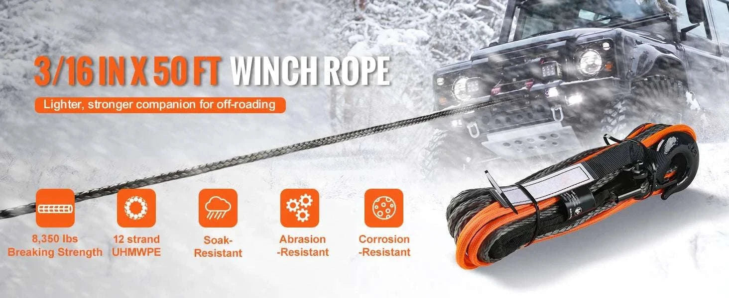 50ft Synthetic Winch Rope with Steel Hook for ATV, UTV & Off-Road Recovery-10000lbs / france