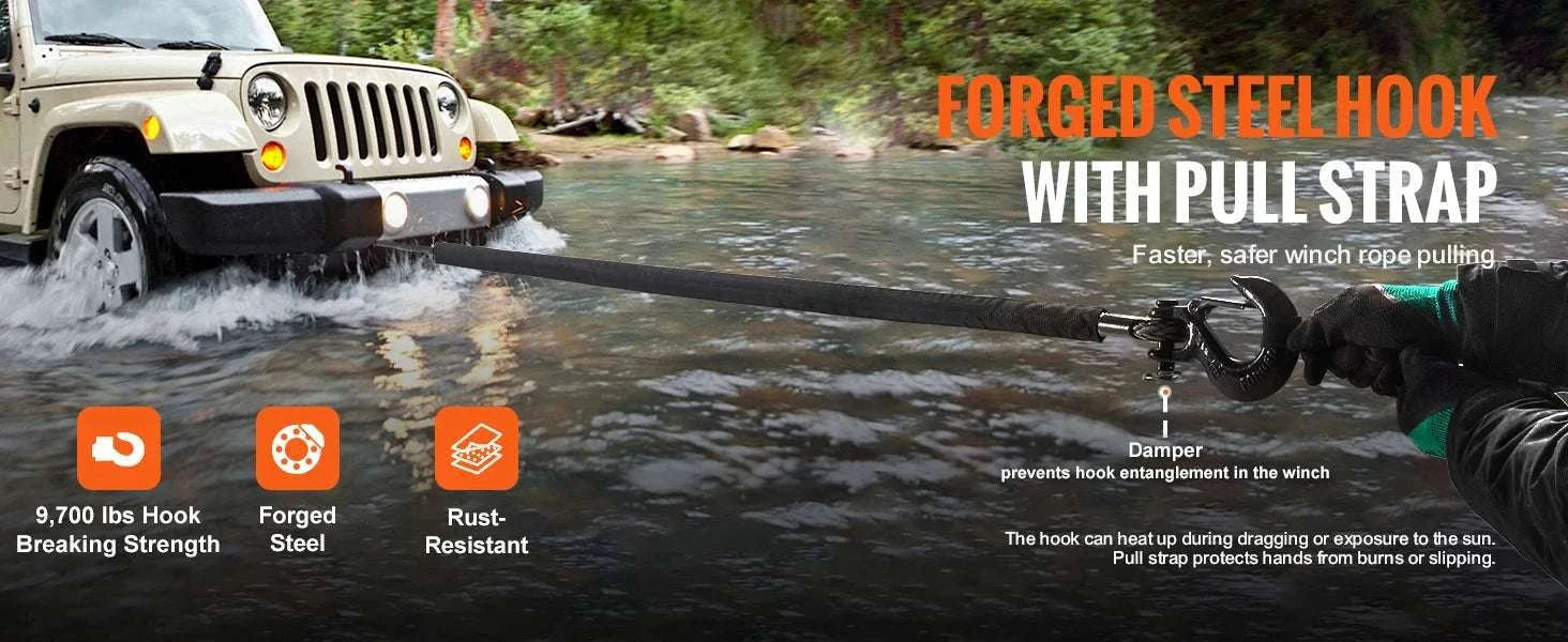 50ft Synthetic Winch Rope with Steel Hook for ATV, UTV & Off-Road Recovery-10000lbs / france