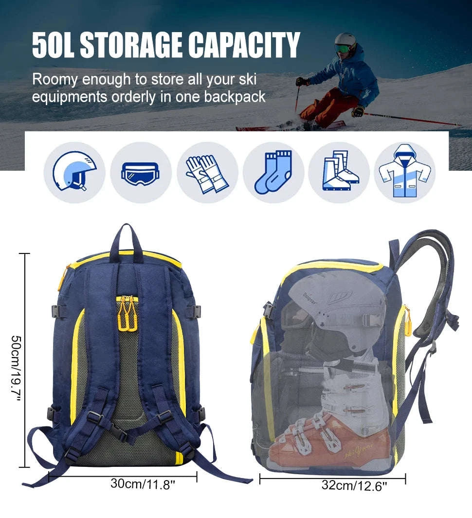 50L Ski Boot Bag Backpack for Boots, Helmet and Gear-BLUE