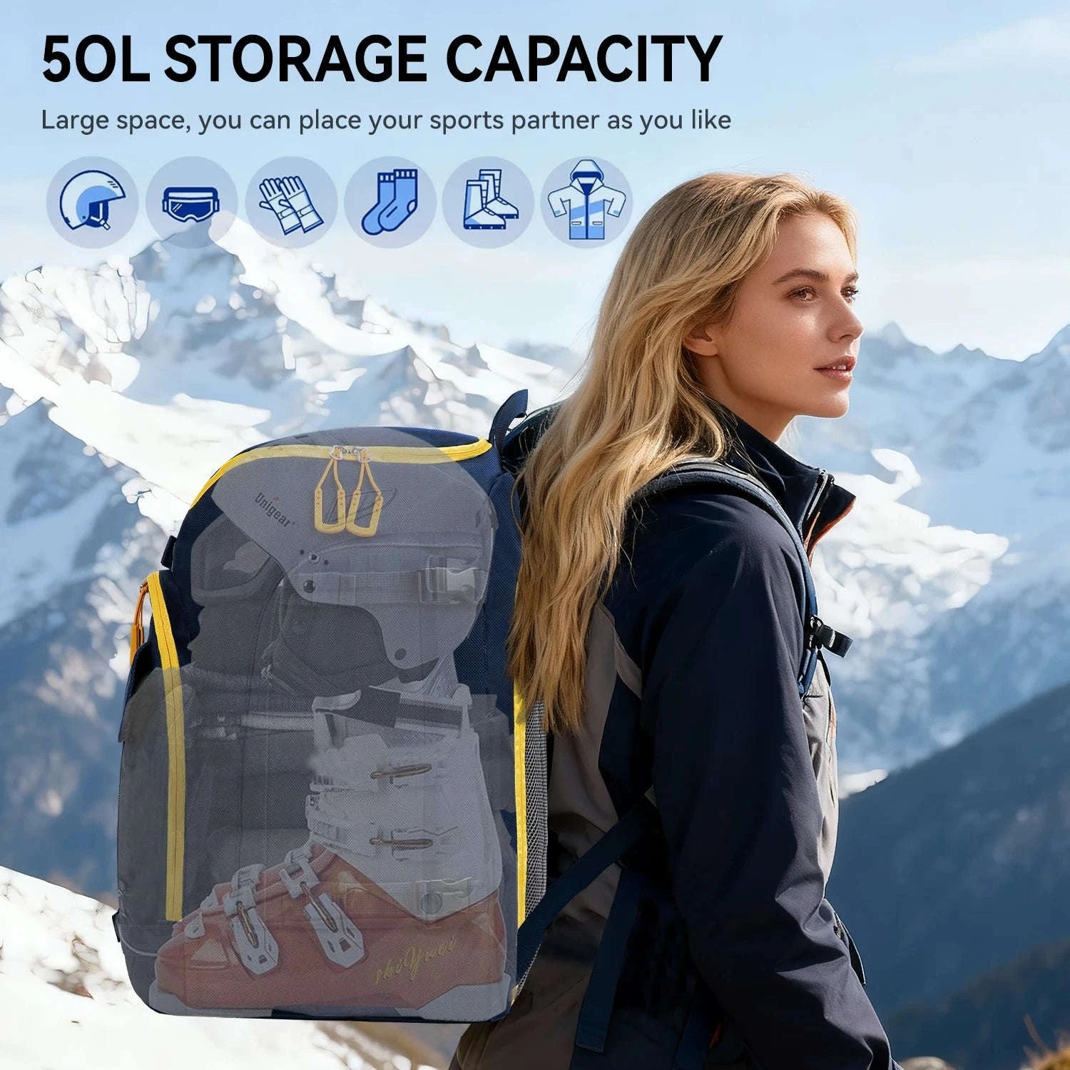 50L Ski Boot Bag Backpack for Ski Gear and Travel-BLUE