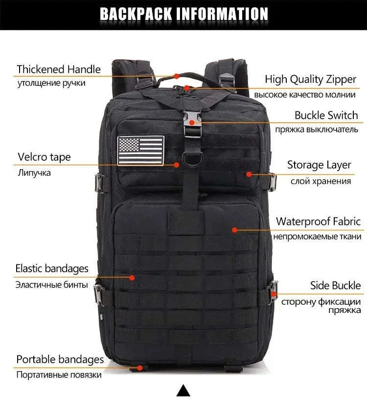 50L Tactical Backpack for Outdoor Travel and Trekking-Black / United States