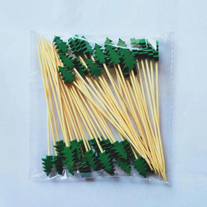 50pcs Christmas Bamboo Fruit Sticks with Festive Ornaments-White Christmas Tree