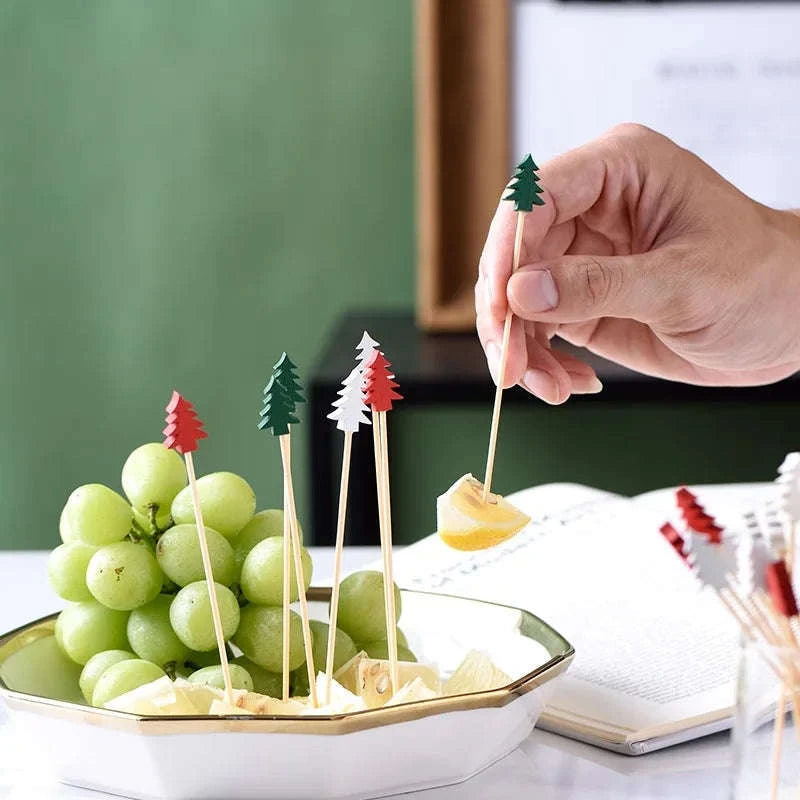 50pcs Christmas Bamboo Fruit Sticks with Festive Ornaments-White Christmas Tree