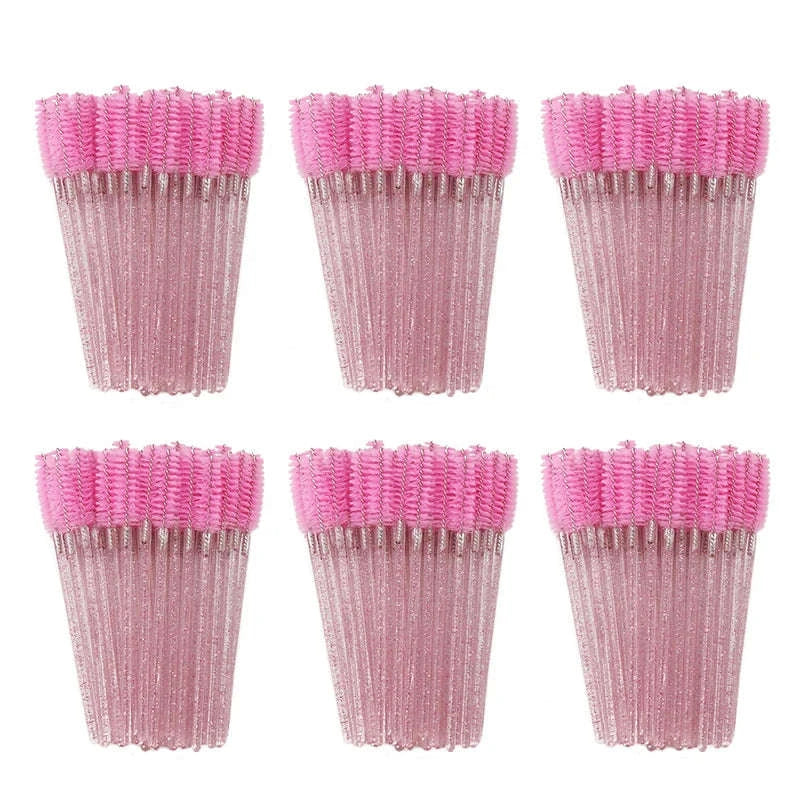 50Pcs Disposable Eyelash Brush Soft Head Crystal Extension Wand Makeup Tool-White Pink