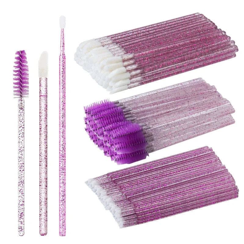 50Pcs Disposable Eyelash Brush Soft Head Crystal Extension Wand Makeup Tool-White Pink