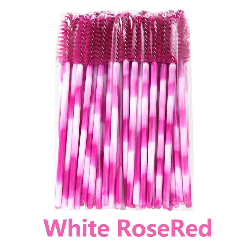 50Pcs Disposable Eyelash Brush Soft Head Crystal Extension Wand Makeup Tool-White Pink