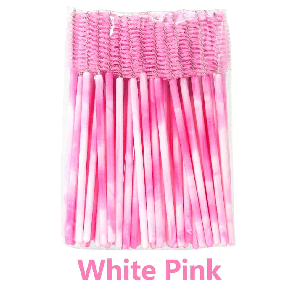 50Pcs Disposable Eyelash Brush Soft Head Crystal Extension Wand Makeup Tool-White Pink