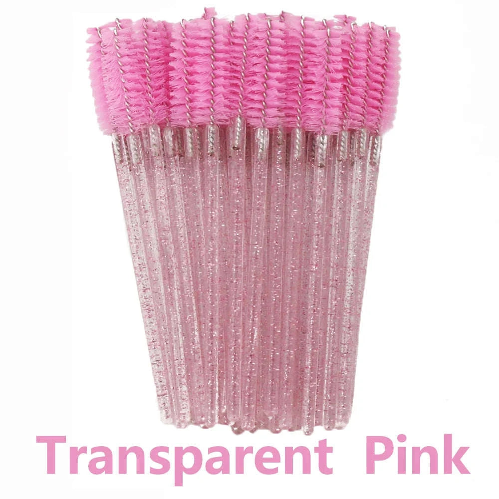 50Pcs Disposable Eyelash Brush Soft Head Crystal Extension Wand Makeup Tool-White Pink