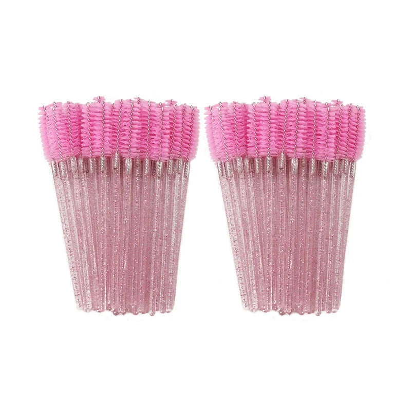 50Pcs Disposable Eyelash Brush Soft Head Crystal Extension Wand Makeup Tool-White Pink
