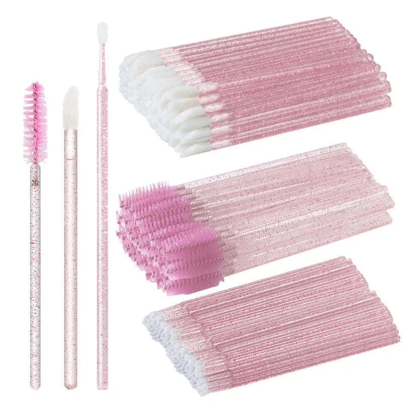 50Pcs Disposable Eyelash Brush Soft Head Crystal Extension Wand Makeup Tool-White Pink