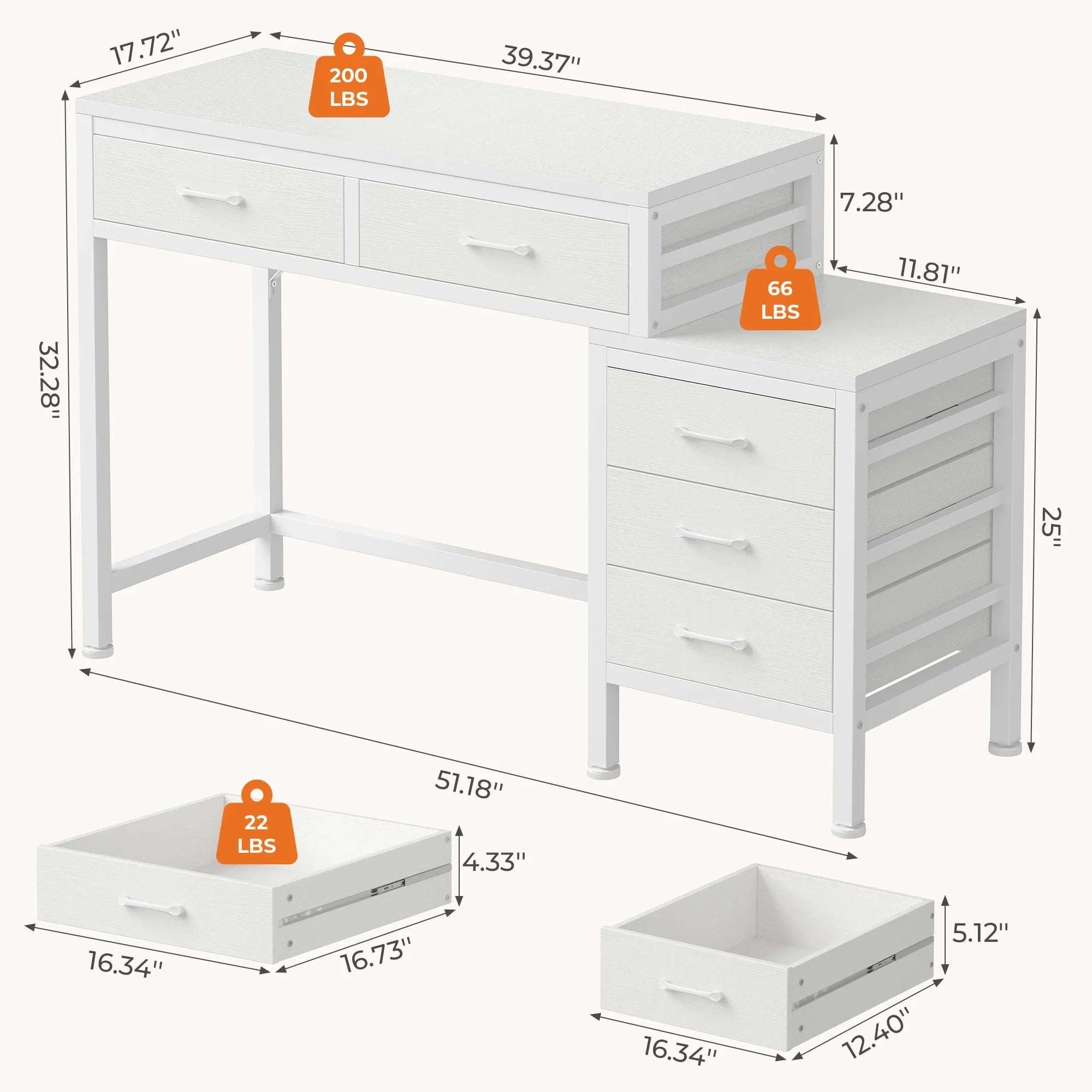 51" Computer Desk with 5 Drawers and Printer Stand Storage-WHITE / United States