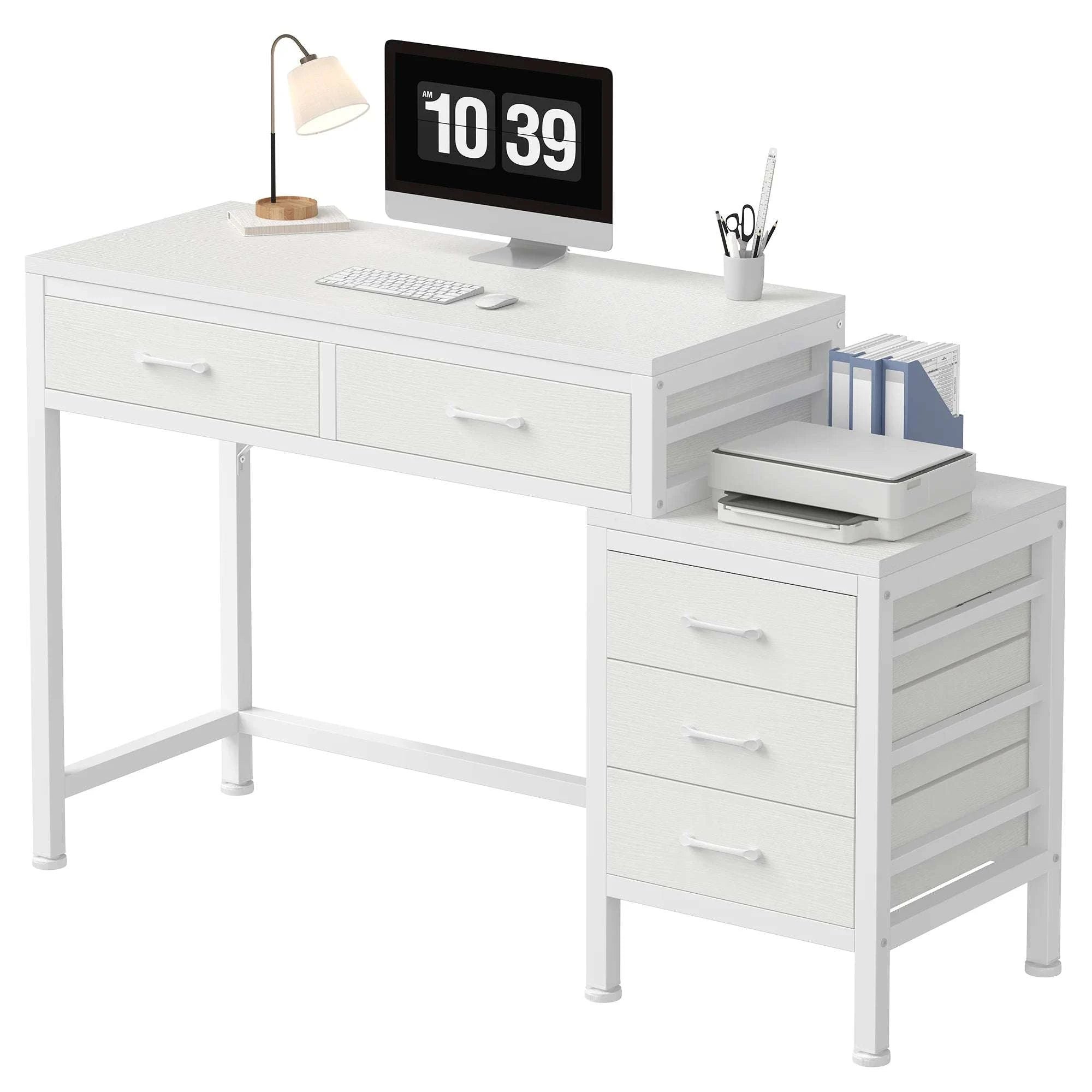 51" Computer Desk with 5 Drawers and Printer Stand Storage-WHITE / United States