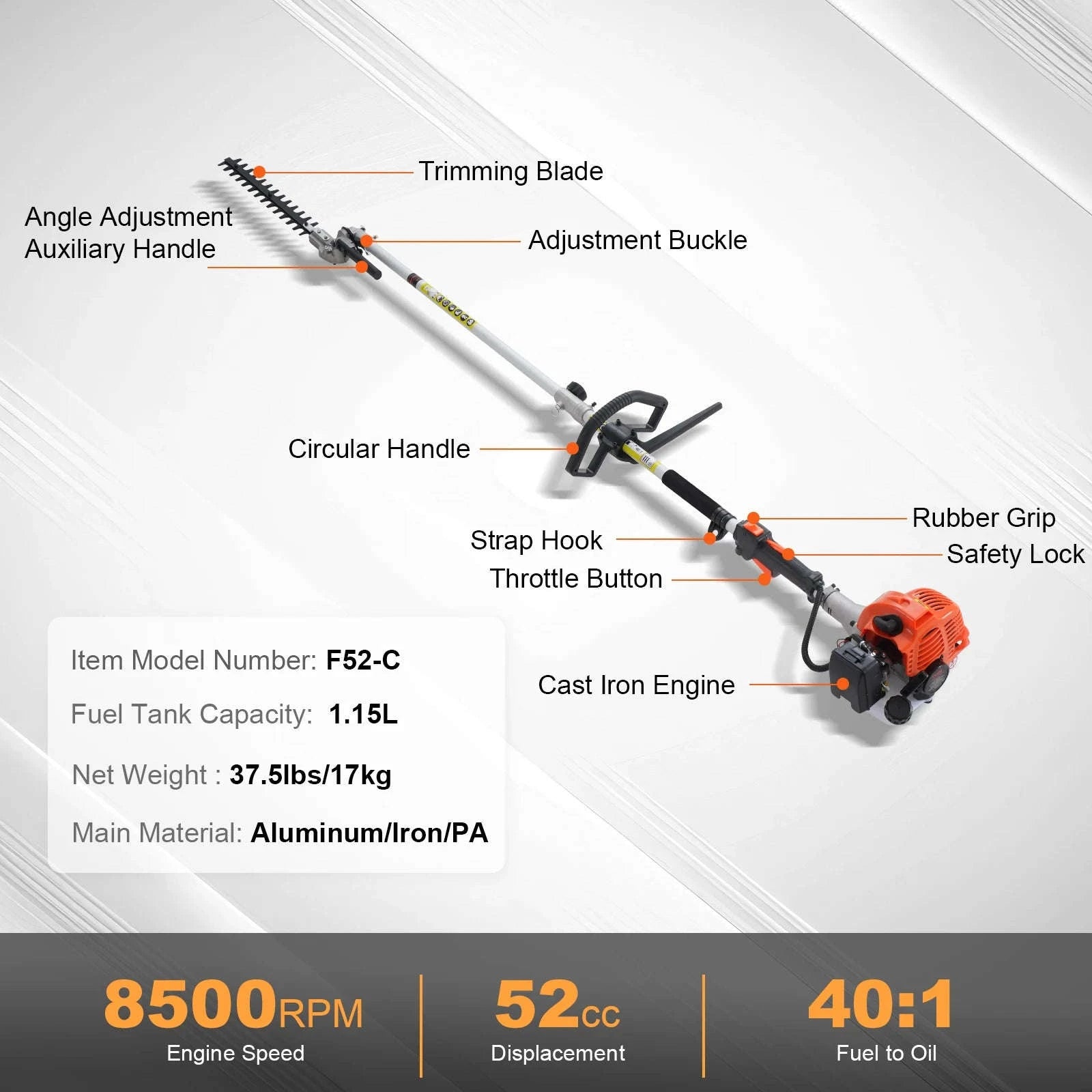 52CC 6-in-1 Gas Multi Tool Hedge Trimmer Brush Cutter Kit-High 52cc 37.5lbs / UNITED KINGDOM