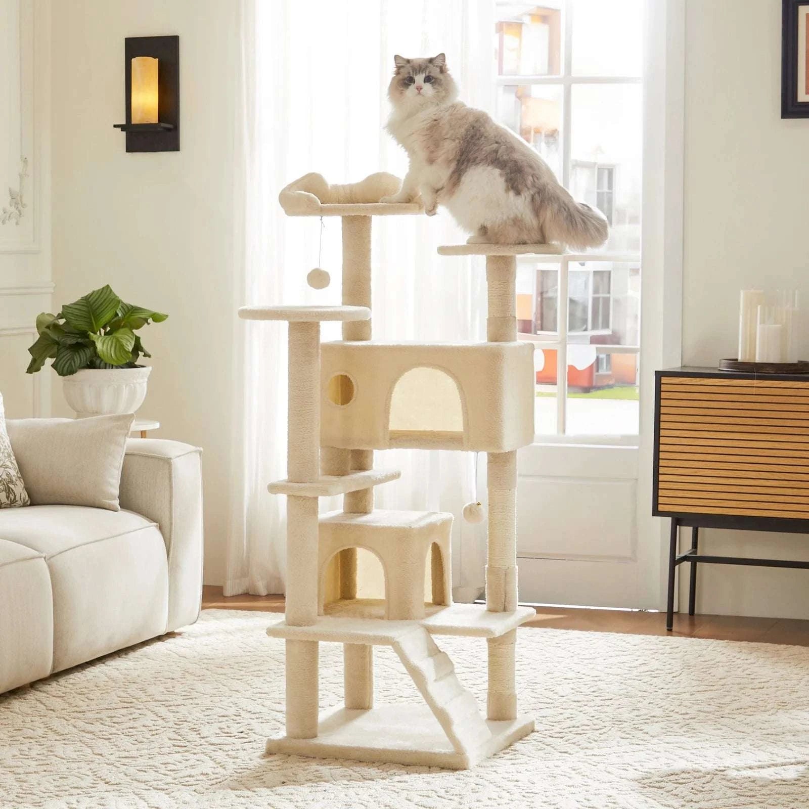 54in Multi-Level Cat Tree Tower with Condo & Sisal Scratching Posts-Light Grey / GERMANY