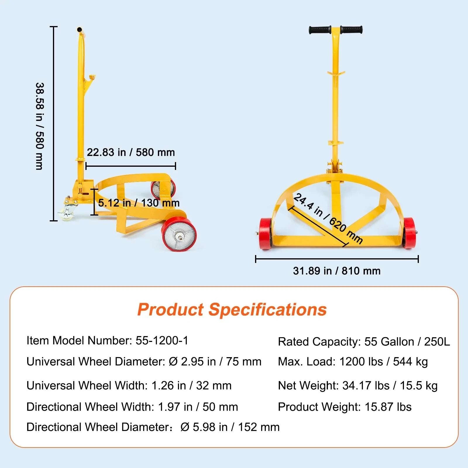 55 Gallon Drum Dolly 1200 lb Capacity with Hydraulic Handle-YELLOW / United States