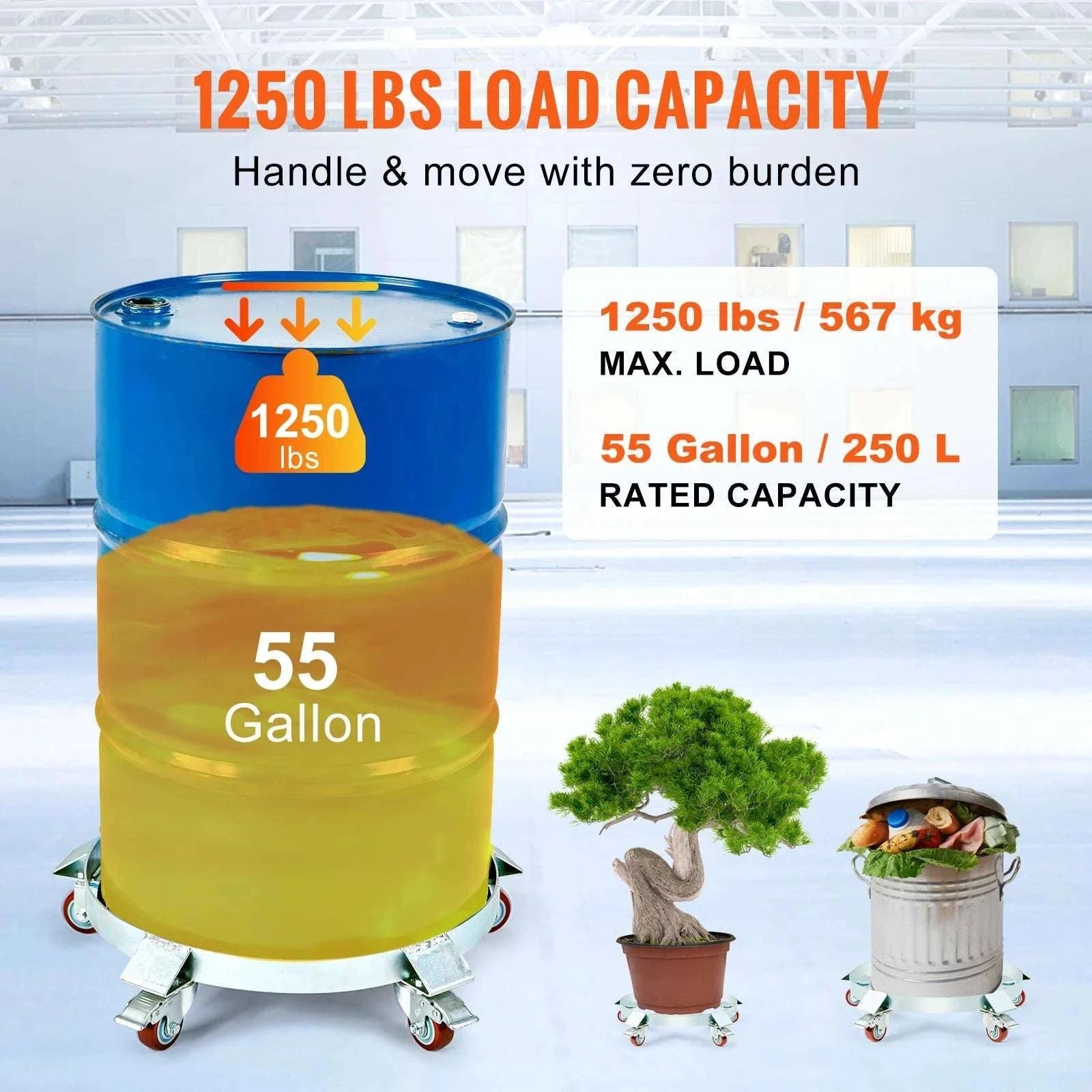 55 Gallon Drum Dolly 2000 lb Capacity with 5 Swivel Wheels-1250lbs / United States