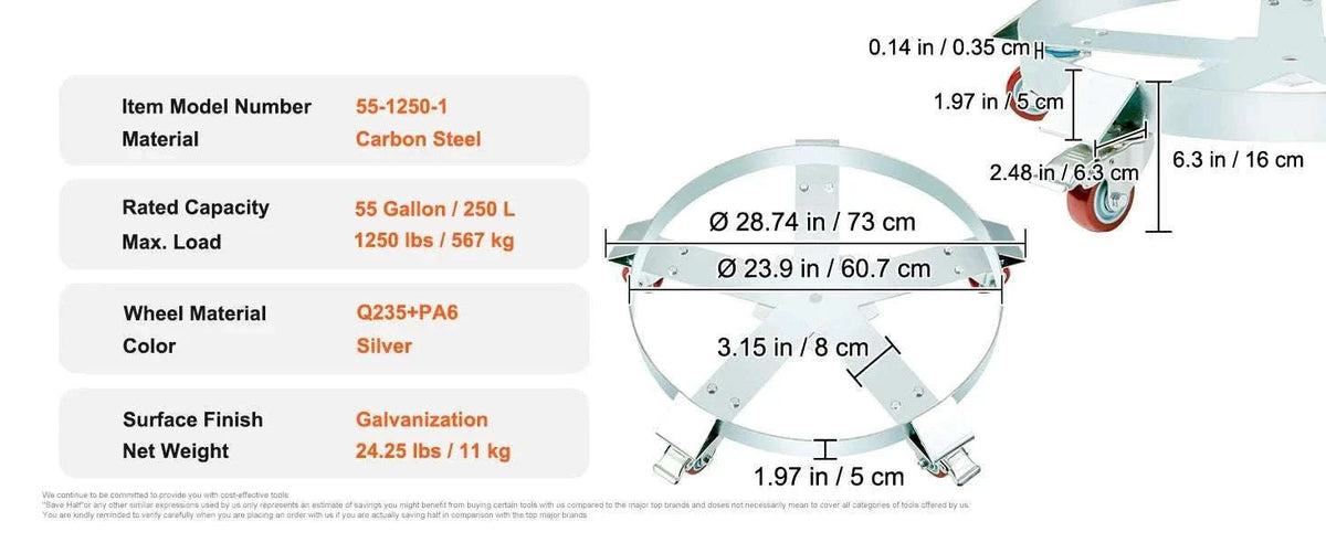 55 Gallon Drum Dolly 2000 lb Capacity with 5 Swivel Wheels-1250lbs / United States