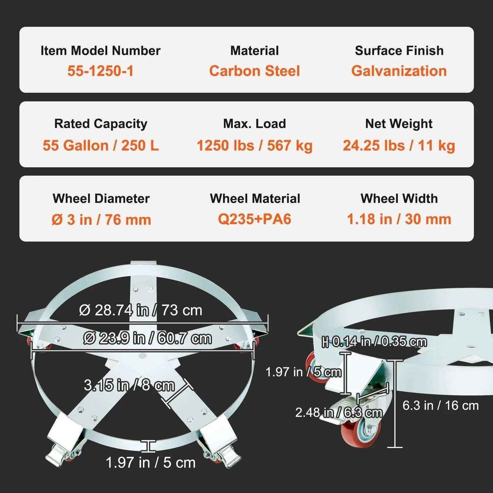 55 Gallon Drum Dolly 2000 lb Capacity with 5 Swivel Wheels-1250lbs / United States