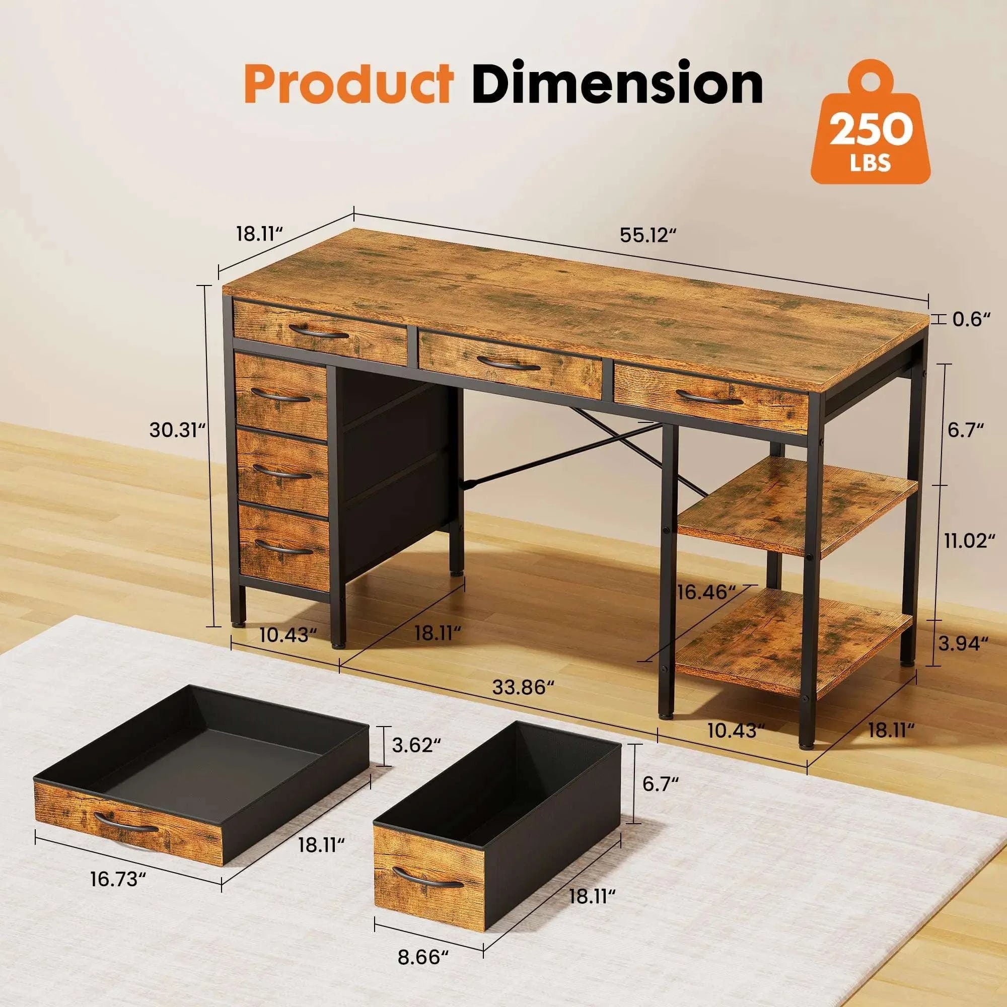 55 Inch Computer Desk with 6 Drawers and Storage Shelves-55IN Rust / United States