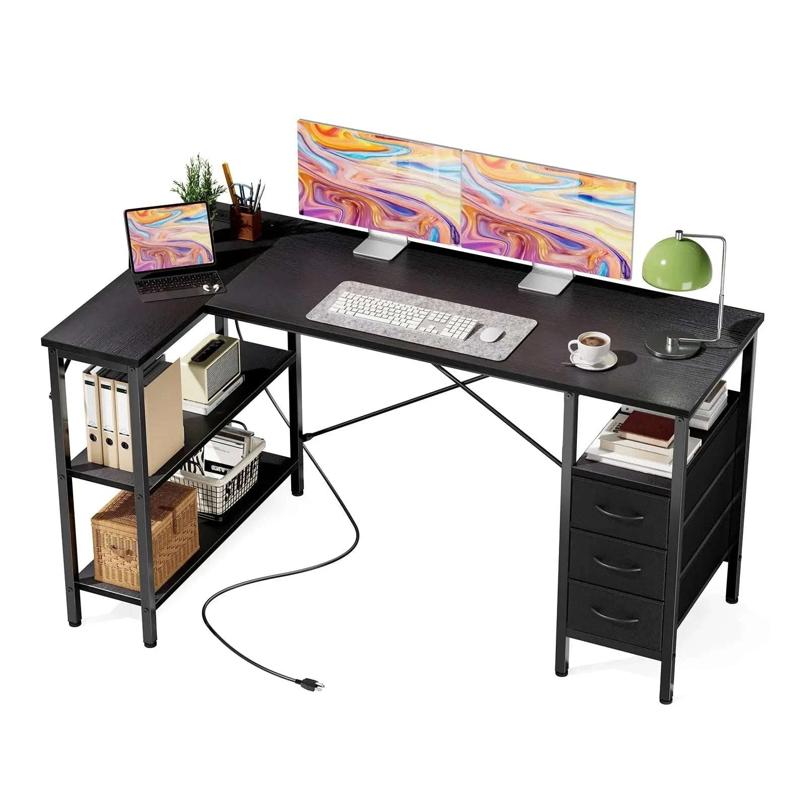 55 Inch L-Shaped Desk with Drawers, Shelves & Built-In Power Outlet-55IN Rust / United States