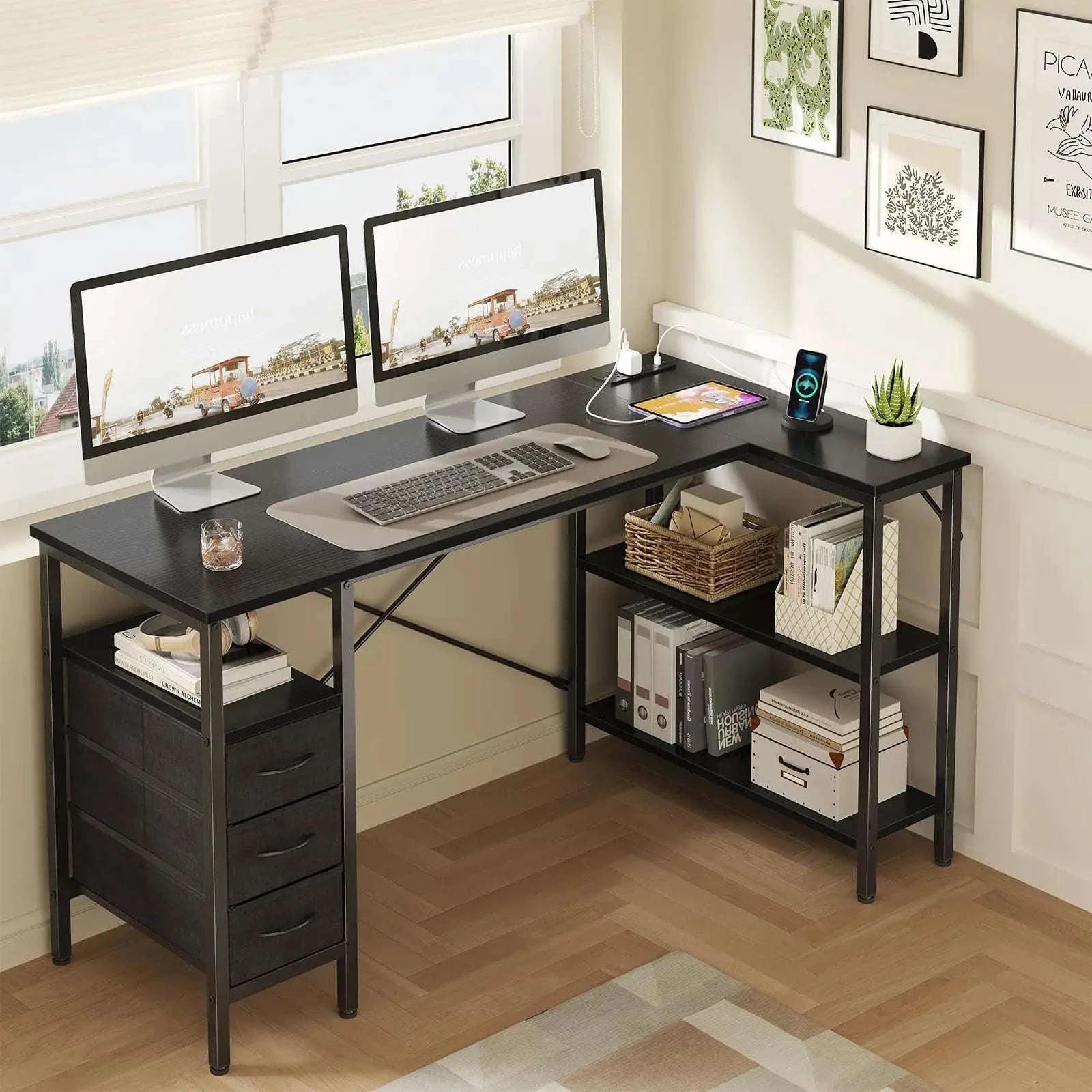55 Inch L-Shaped Desk with Drawers, Shelves & Built-In Power Outlet-55IN Rust / United States
