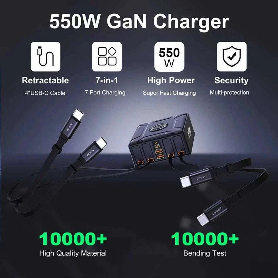 550W 7-in-1 Charging Station with 100W Retractable USB-C Cables-UK Plug