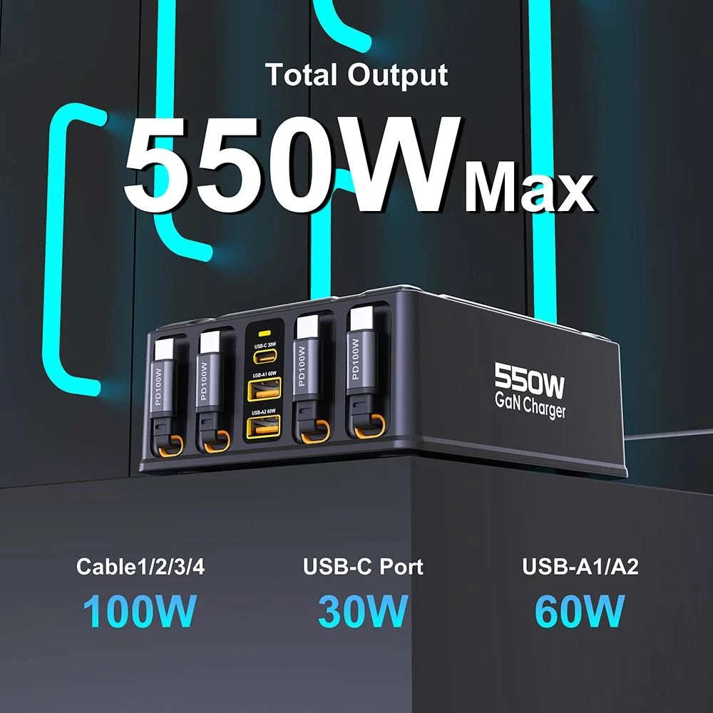 550W 7-in-1 Charging Station with 100W Retractable USB-C Cables-UK Plug