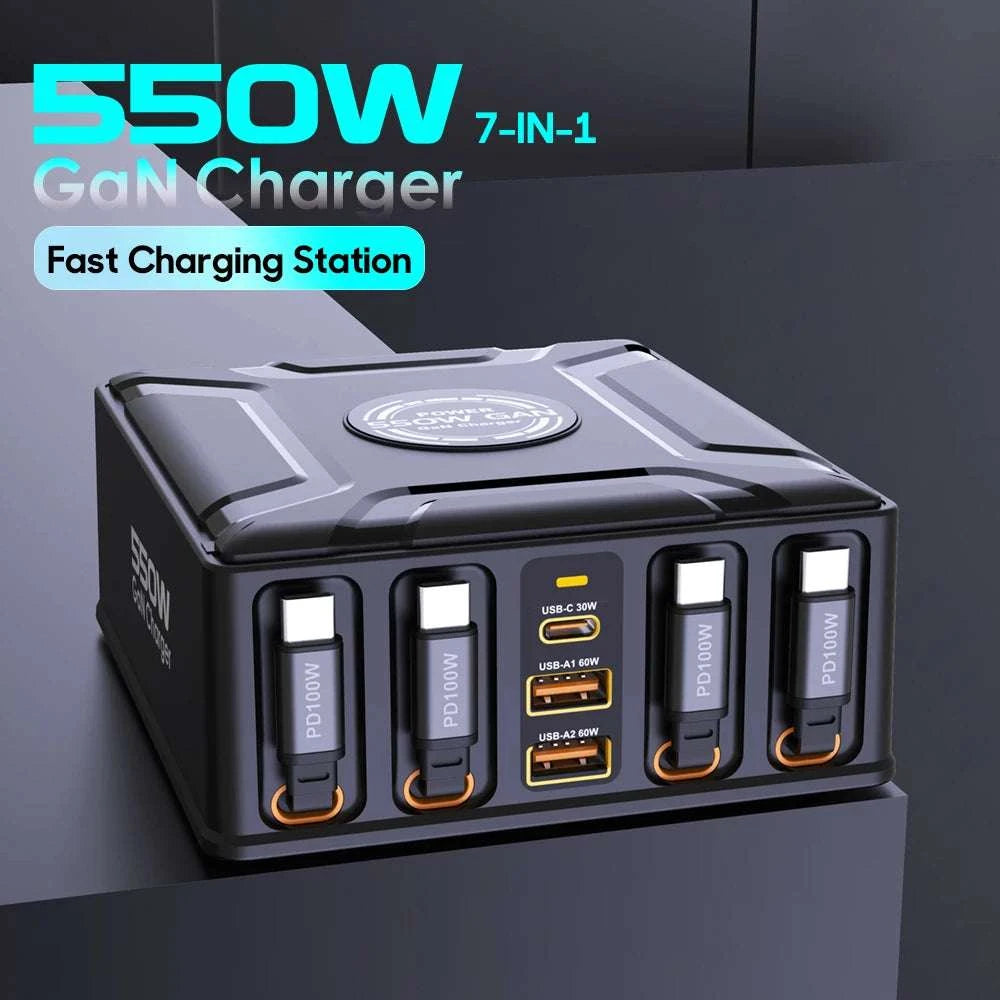 550W 7-in-1 Charging Station with 100W Retractable USB-C Cables-UK Plug