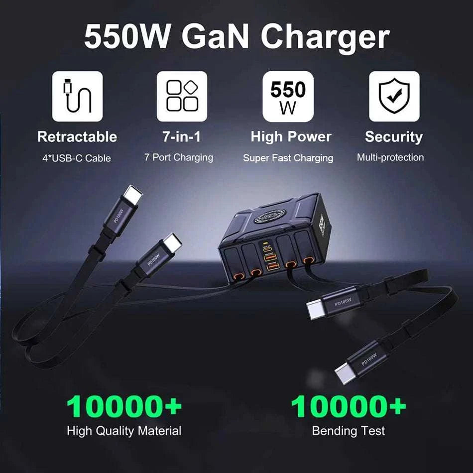 550W 7-in-1 Charging Station with 100W Retractable USB-C Cables-UK Plug