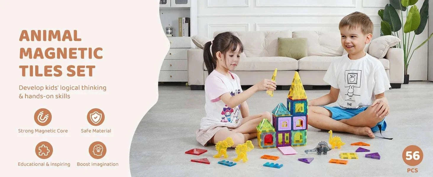 56PCS Magnetic Tiles Building Set with Dinosaur Figures for Kids-56pcs / United States