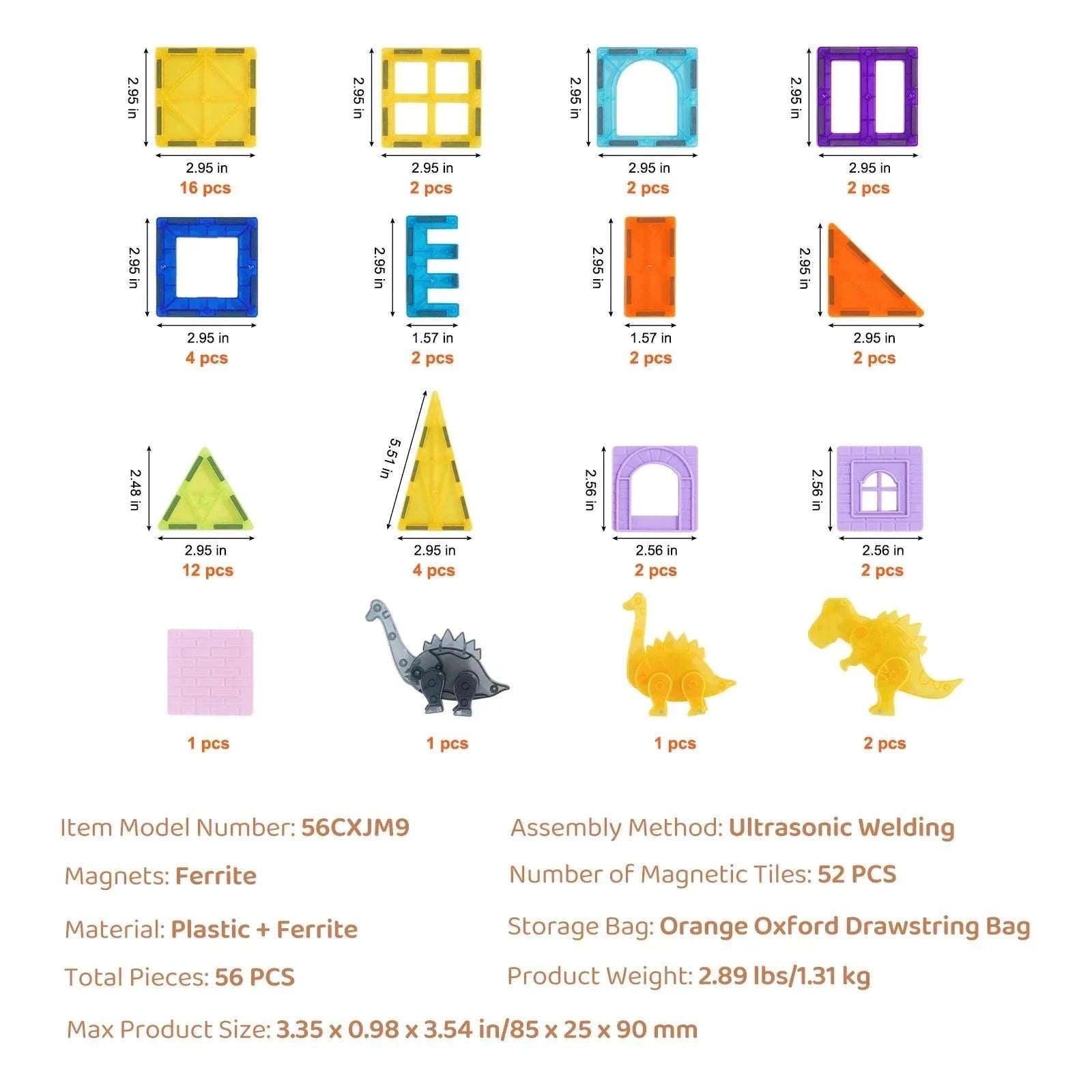 56PCS Magnetic Tiles Building Set with Dinosaur Figures for Kids-56pcs / United States