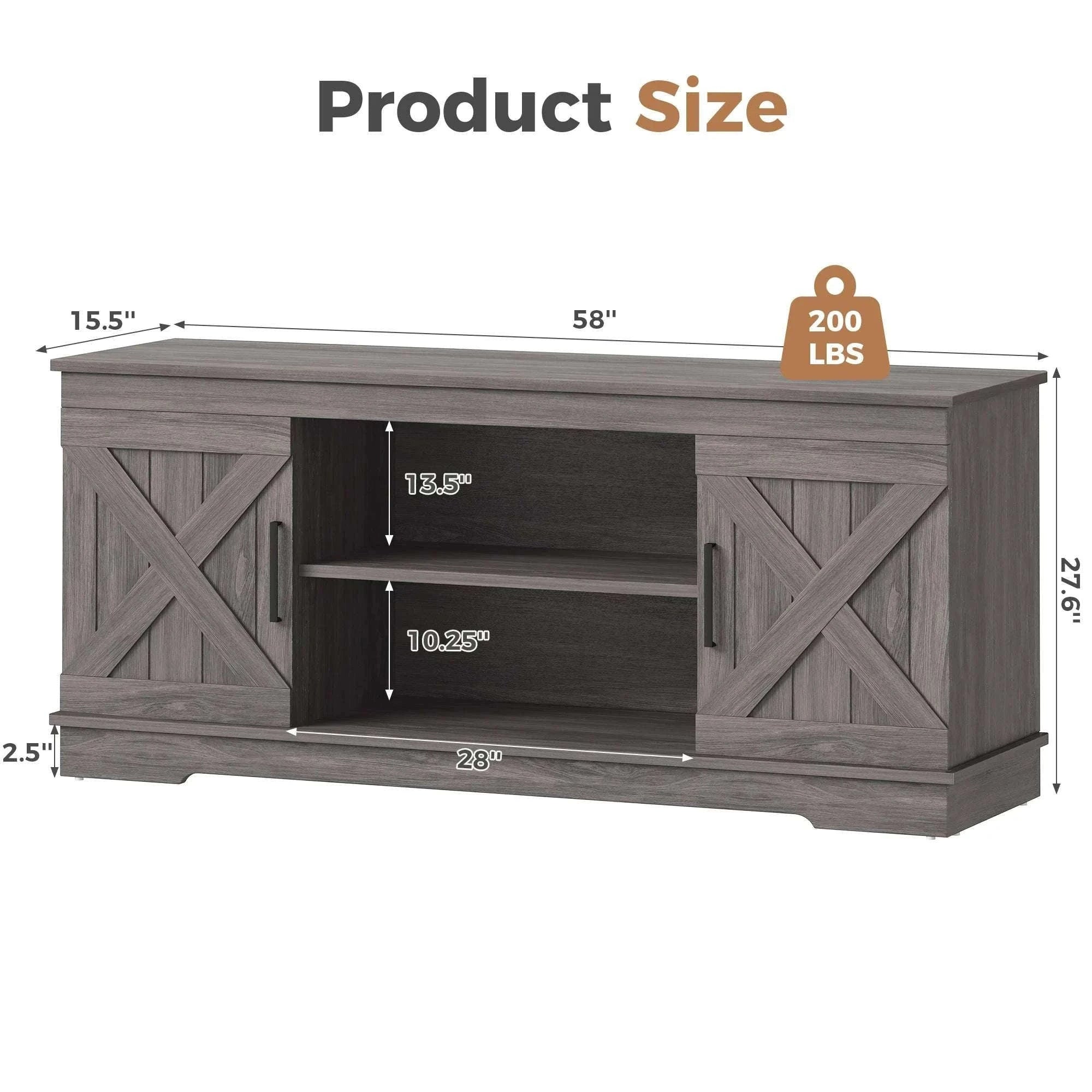 58-Inch Wooden TV Stand with Storage & Power for Up to 65” TVs-Light Grey / United States