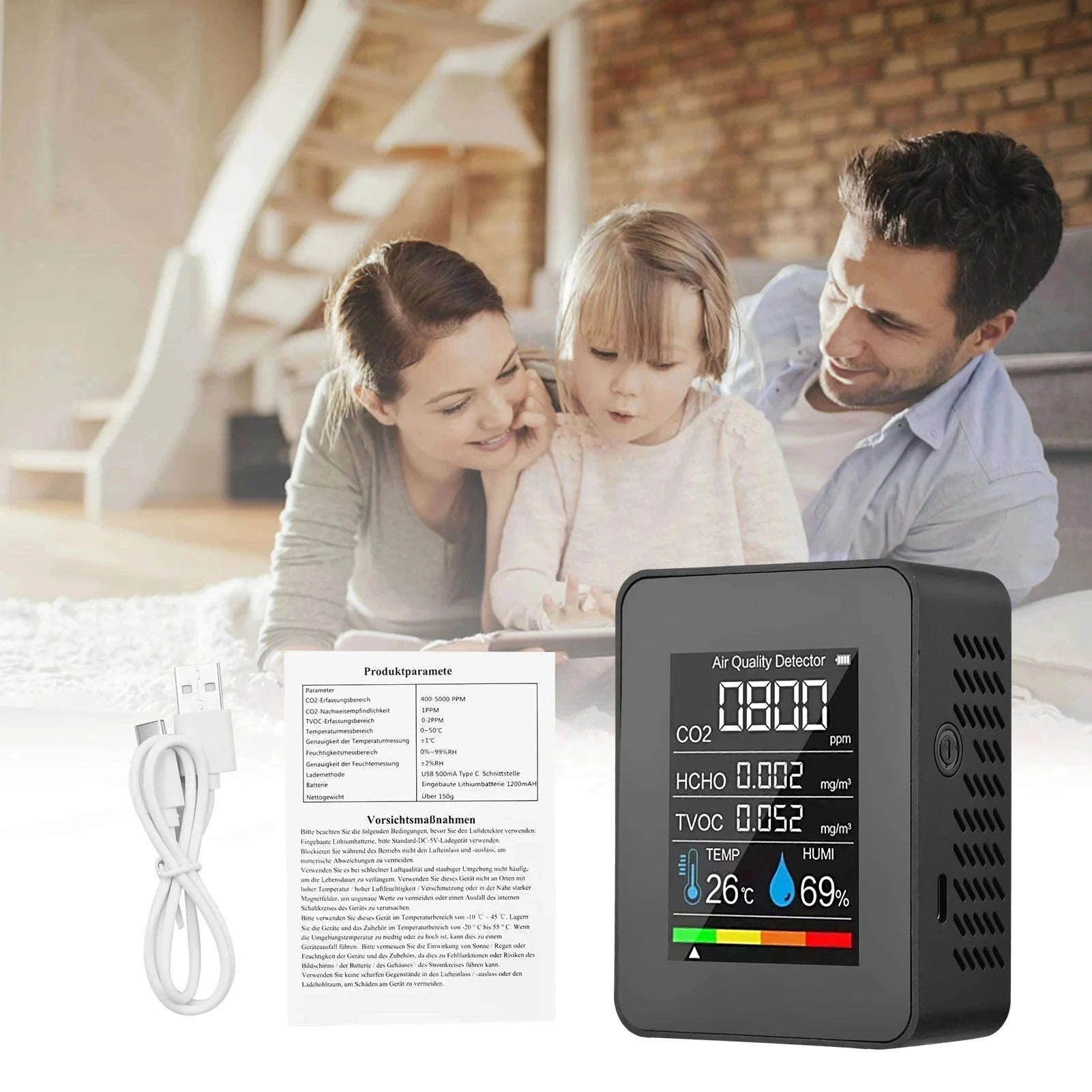 5in1 CO2 Meter Digital Air Quality Monitor-WHITE