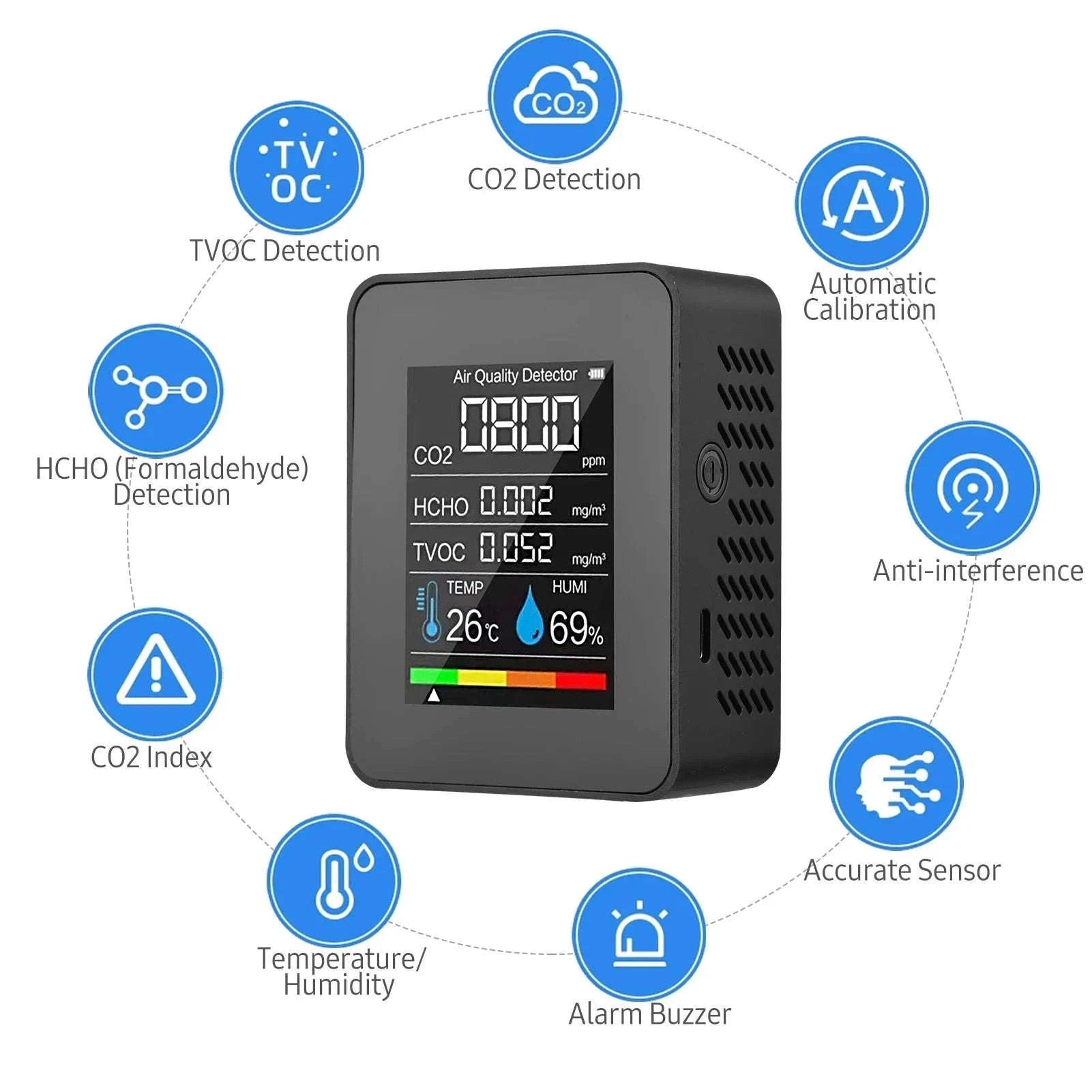 5in1 CO2 Meter Digital Air Quality Monitor-WHITE