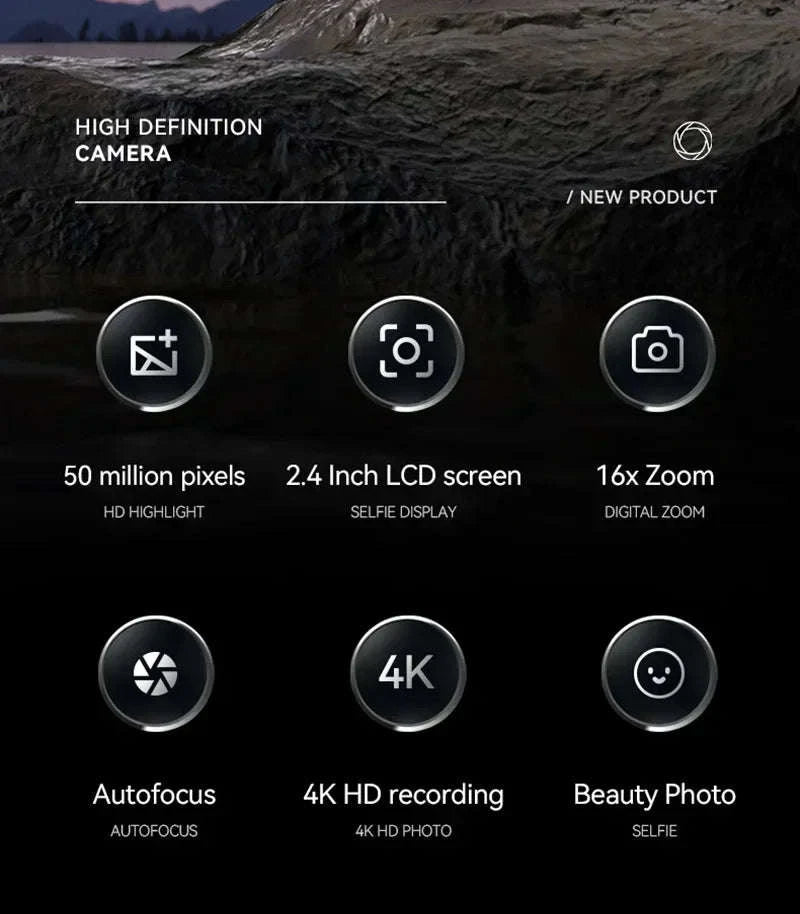 5K 50MP Mini Digital Camera with 16X Zoom, 2.4 Inch IPS Display & Flash-Only Charging Cable