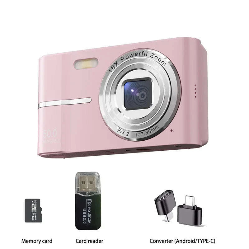5K 50MP Mini Digital Camera with 16X Zoom, 2.4 Inch IPS Display & Flash-Only Charging Cable