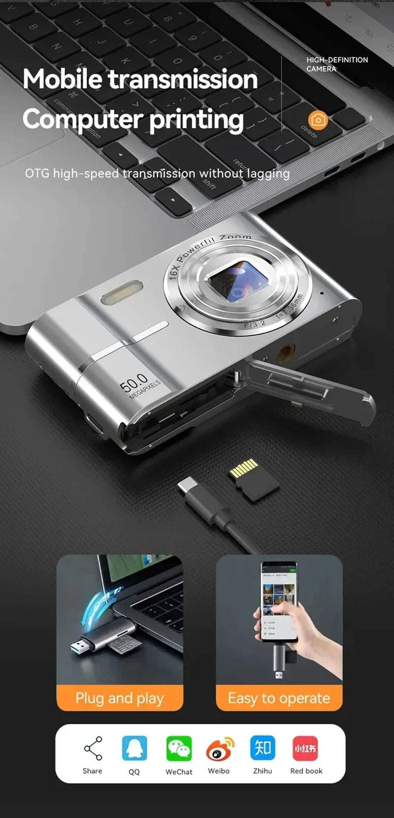 5K 50MP Mini Digital Camera with 16X Zoom, 2.4 Inch IPS Display & Flash-Only Charging Cable