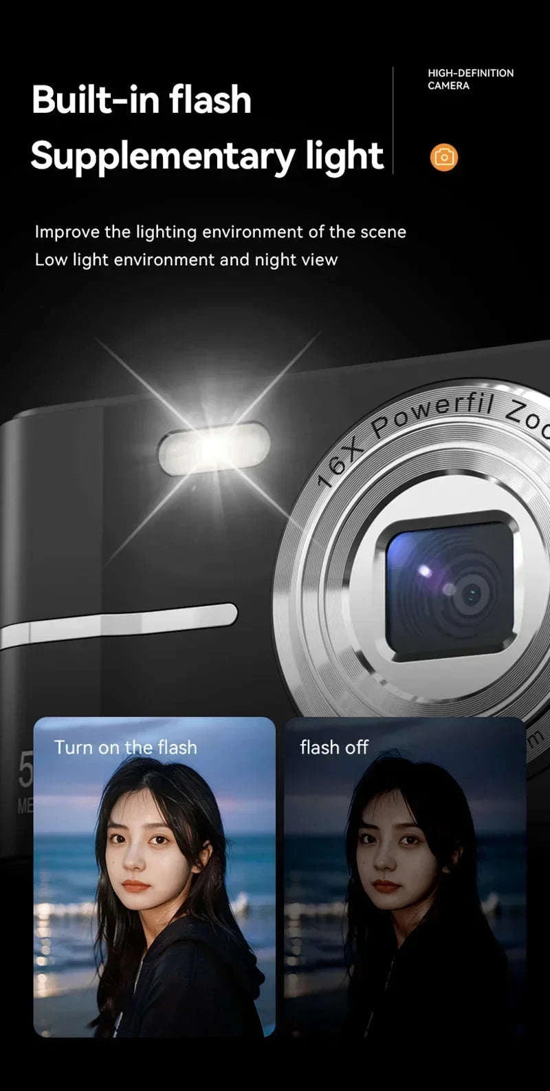 5K 50MP Mini Digital Camera with 16X Zoom, 2.4 Inch IPS Display & Flash-Only Charging Cable
