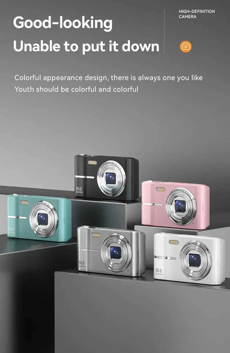 5K 50MP Mini Digital Camera with 16X Zoom, 2.4 Inch IPS Display & Flash-Only Charging Cable