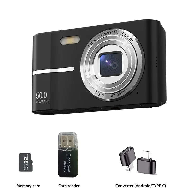 5K 50MP Mini Digital Camera with 16X Zoom, 2.4 Inch IPS Display & Flash-Only Charging Cable