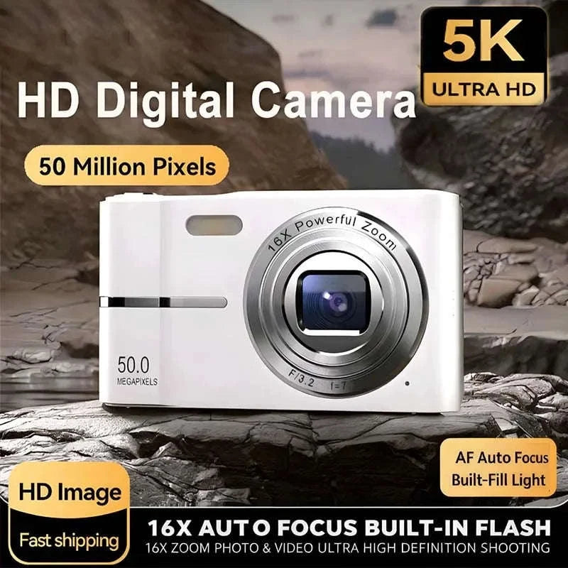 5K 50MP Mini Digital Camera with 16X Zoom, 2.4 Inch IPS Display & Flash-Only Charging Cable