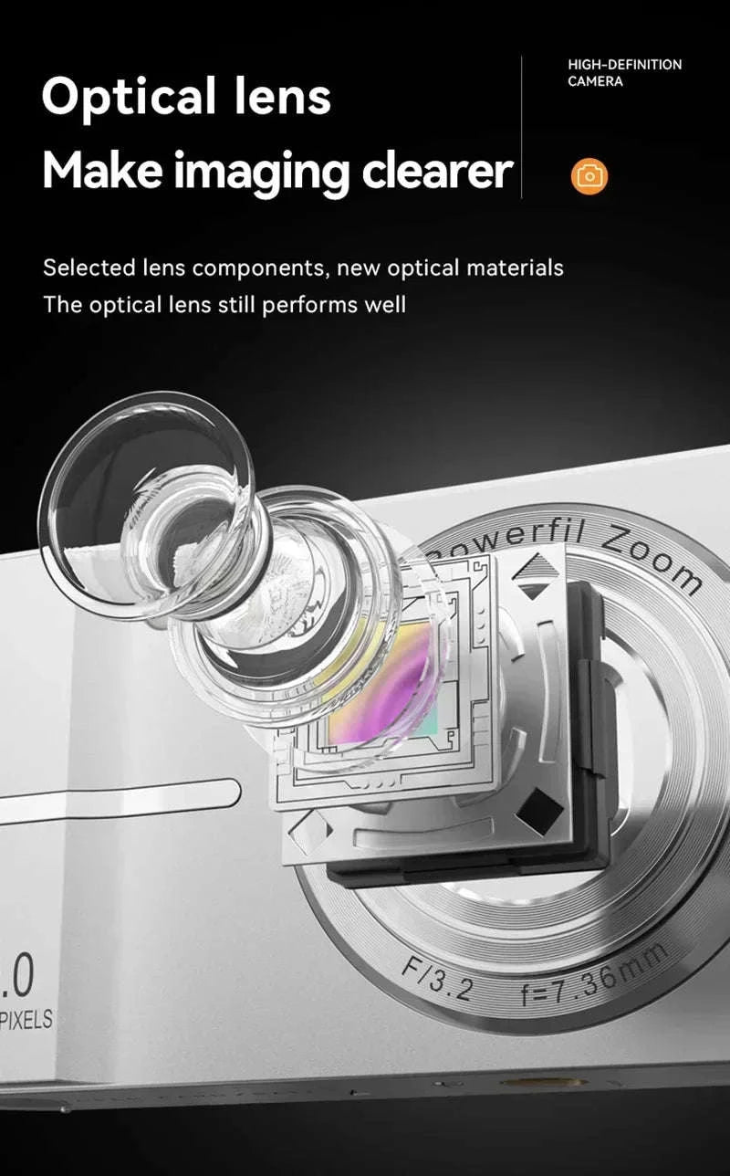 5K 50MP Mini Digital Camera with 16X Zoom, 2.4 Inch IPS Display & Flash-Only Charging Cable