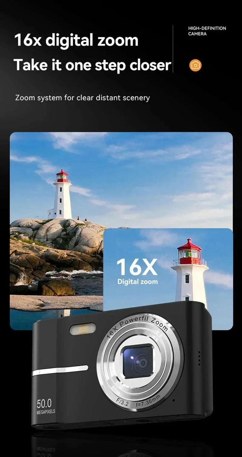 5K 50MP Mini Digital Camera with 16X Zoom, 2.4 Inch IPS Display & Flash-Only Charging Cable
