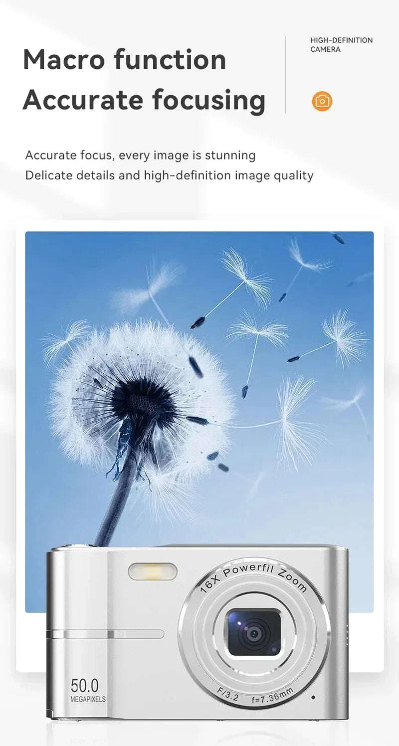 5K 50MP Mini Digital Camera with 16X Zoom, 2.4 Inch IPS Display & Flash-Only Charging Cable