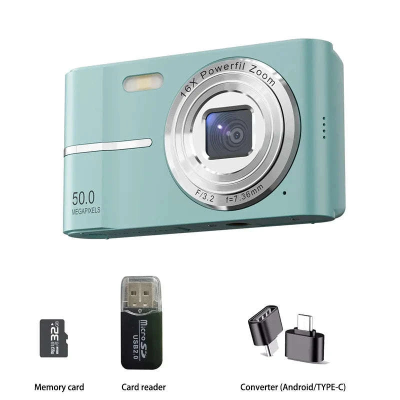 5K 50MP Mini Digital Camera with 16X Zoom, 2.4 Inch IPS Display & Flash-Only Charging Cable
