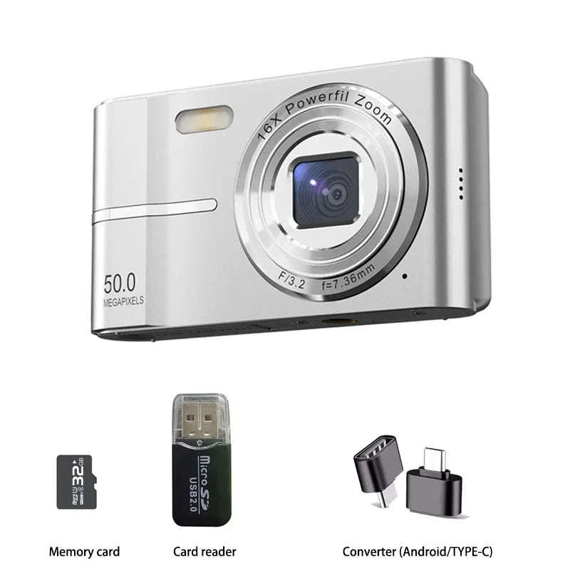 5K 50MP Mini Digital Camera with 16X Zoom, 2.4 Inch IPS Display & Flash-Only Charging Cable