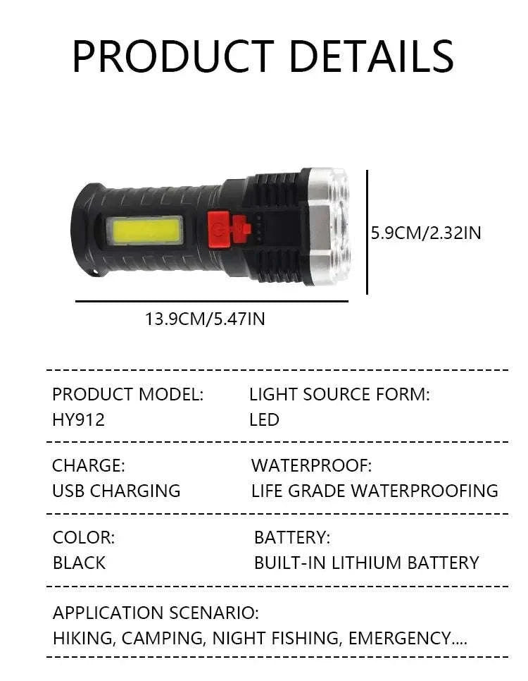 5LED High Power LED Flashlight – Rechargeable Camping Spotlight-HY912 black