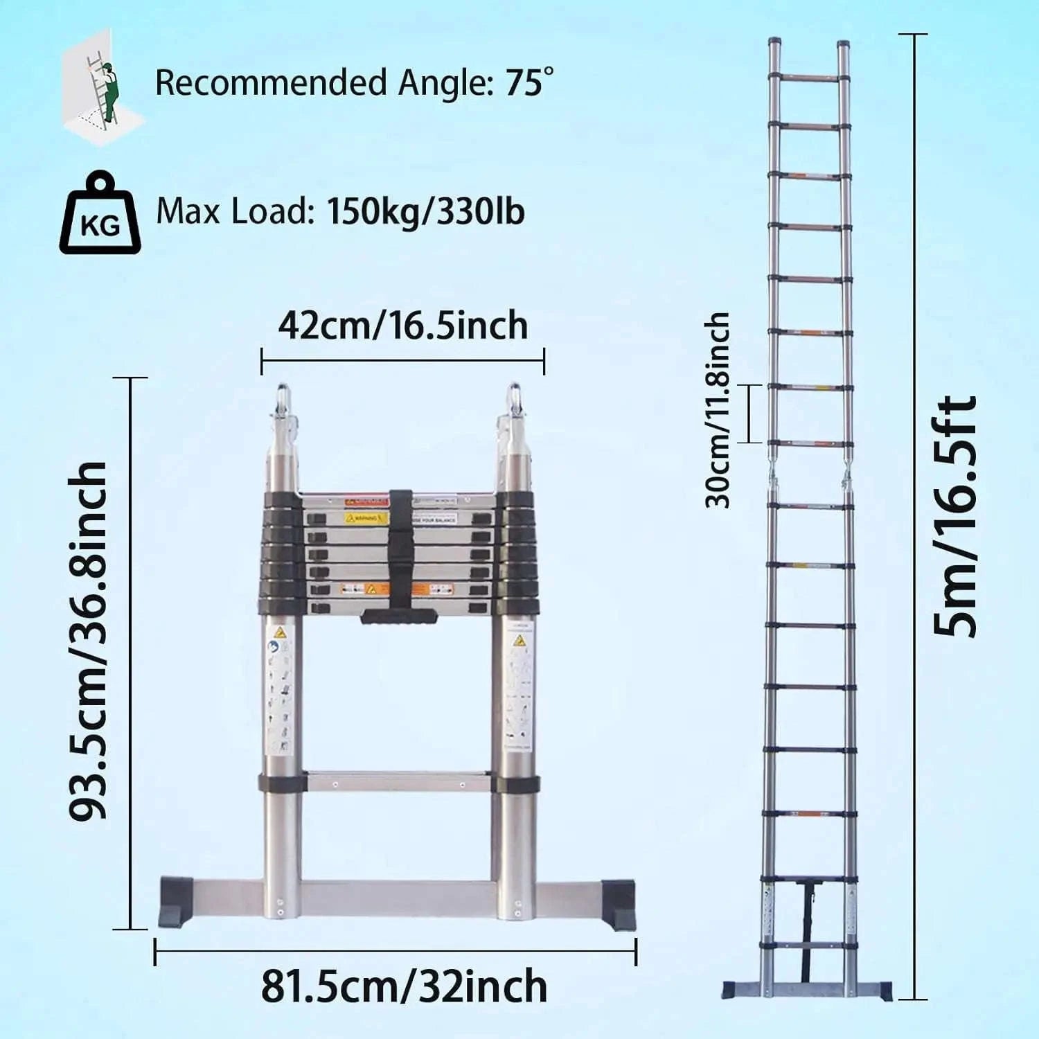 5M Telescopic Straight Ladder A‑Frame Stainless Steel Folding Ladder-GERMANY